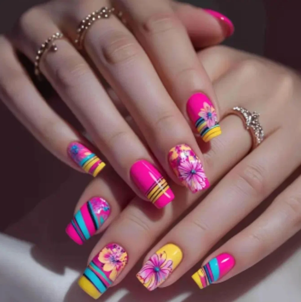 🔥3/$21 Vibrant Pink and Yellow Press On Nail Set